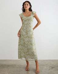 Risala Scoop Midi Dress in Pale Flower Green