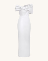 Satin Asymmetric Bow Maxi Dress - White