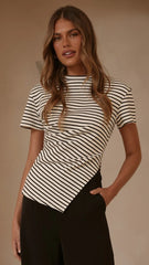 Tiarna Side Ruched Tee - Black/White Stripe