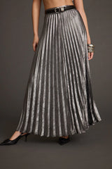 Electric Love Gunmetal Metallic Pleated Maxi Skirt
