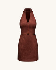 Faux Suede Halter Neck Zip-Front Mini Dress - Burgundy