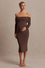 Elspeth | Brown Bardot-Neck Maternity Midi Dress