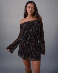 Nisha Long Sleeve Mini Dress in Black with Bronze Shimmer