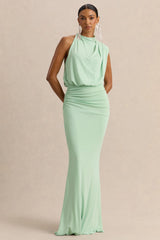 Umaira | Mint Ruched High Neck Maxi Dress With Draped Detailing
