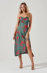 Gaia Floral Midi Dress-Teal-Raspberry Floral