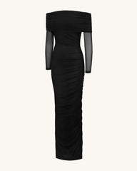 Ruched Off-Shoulder Mesh-Sleeve Mermaid Maxi Dress - Black