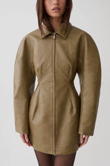 Jordana Faux Leather Mini Dress - Khaki