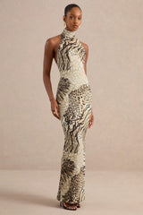 Arlise | Brown Animal Print Jersey High Neck Maxi Dress With Open Back