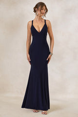 Goldiea | Navy Halter-Neck Fishtail Maxi Dress