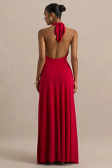 Mist | Red Plunge-Neck Maxi Dress With Knot-Detail And Open-Back