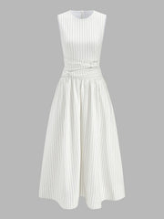 Cotton Blend Striped Ruched Sleeveless Maxi Dress