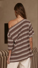 Pia One Shoulder Oversize Tee - Choc/Blue Stripe