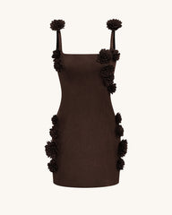 Elaina Rosette Applique Mini Dress - Chocolate Brown