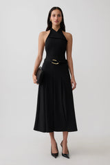 Alecto Crepe Halter Midi Dress With Belt - Black