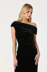 Velvet Off Shoulder Midi Dress-Black