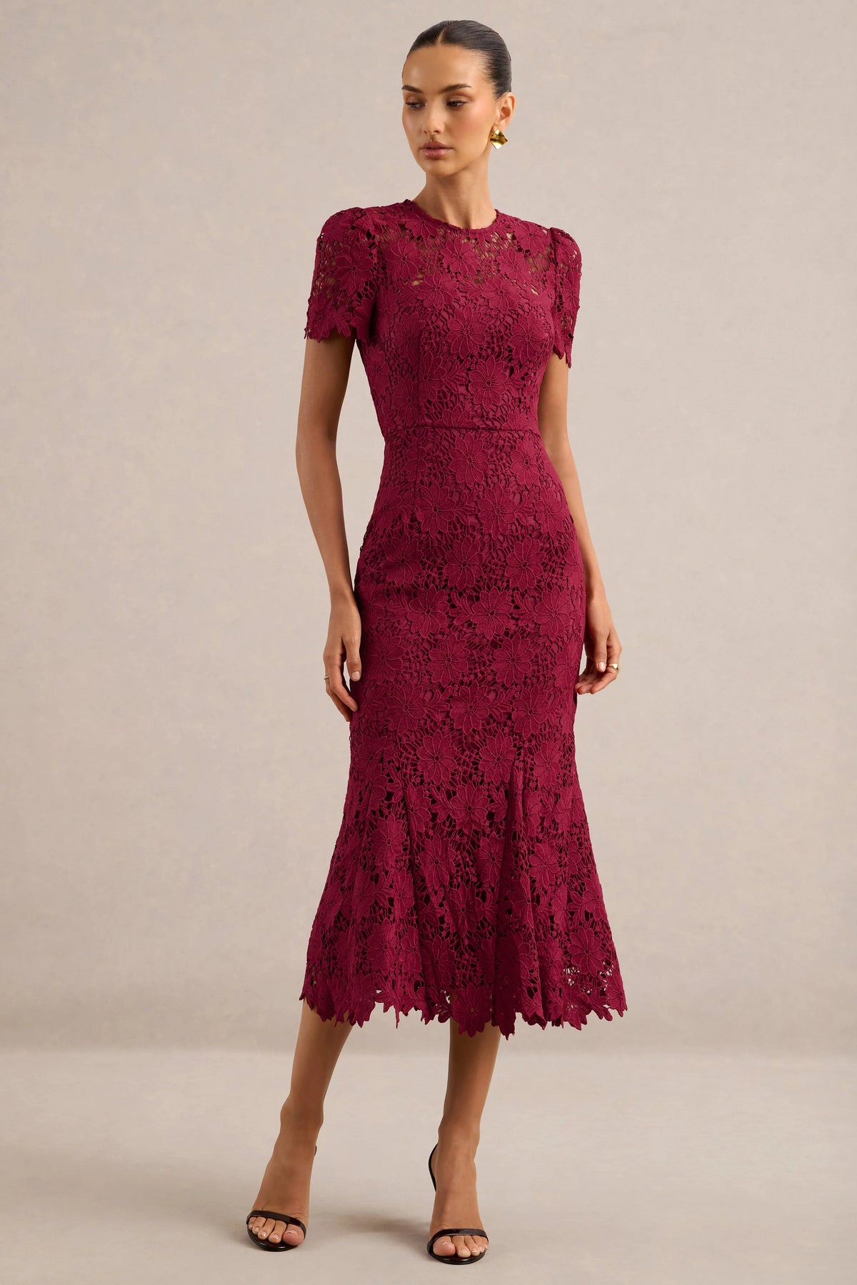 Clarissa | Burgundy Lace High Neck Short Sleeve Midi Dress