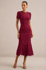 Clarissa | Burgundy Lace High Neck Short Sleeve Midi Dress