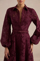 Jules | Burgundy Broderie V Neck Long Sleeve A-Line Midi Dress With Belt Detail