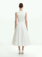 Front V-Neck Pleated Midi Dress - White