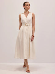 Cotton Linen Sleeveless Belted Midi Dress