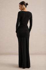 Lania | Black Jersey Sweetheart Neck Long Sleeve Maxi Dress With Gathered Detailing and Sash