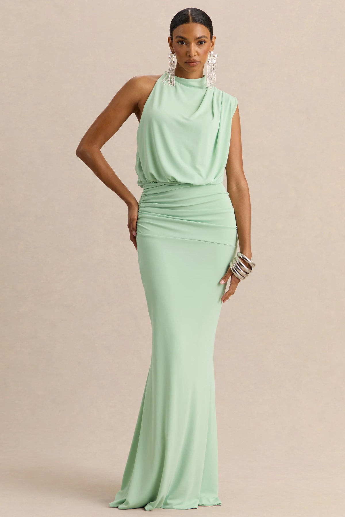 Umaira | Mint Ruched High Neck Maxi Dress With Draped Detailing