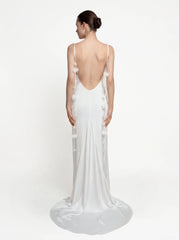Satin Strappy Maxi Dress with Floral Streamers - White