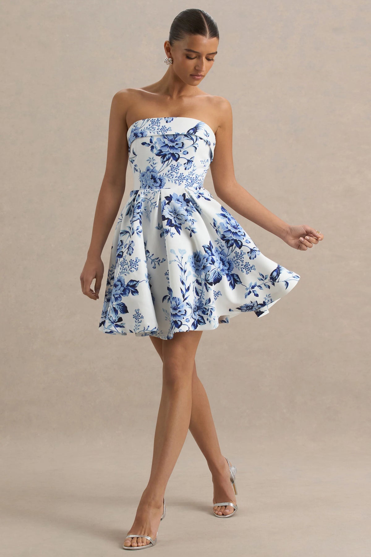 Fiorenza | Blue Porcelain Print Bandeau Mini Dress With Volume Skirt