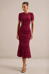 Clarissa | Burgundy Lace High Neck Short Sleeve Midi Dress