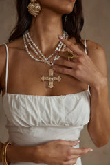 Angelica Gold Pearl Cross Statement Necklace