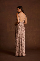 Orion Mocha Floral Satin Maxi Dress