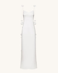 Satin Strappy Maxi Dress with Floral Streamers - White