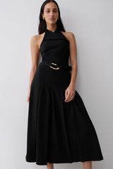 Alecto Crepe Halter Midi Dress With Belt - Black