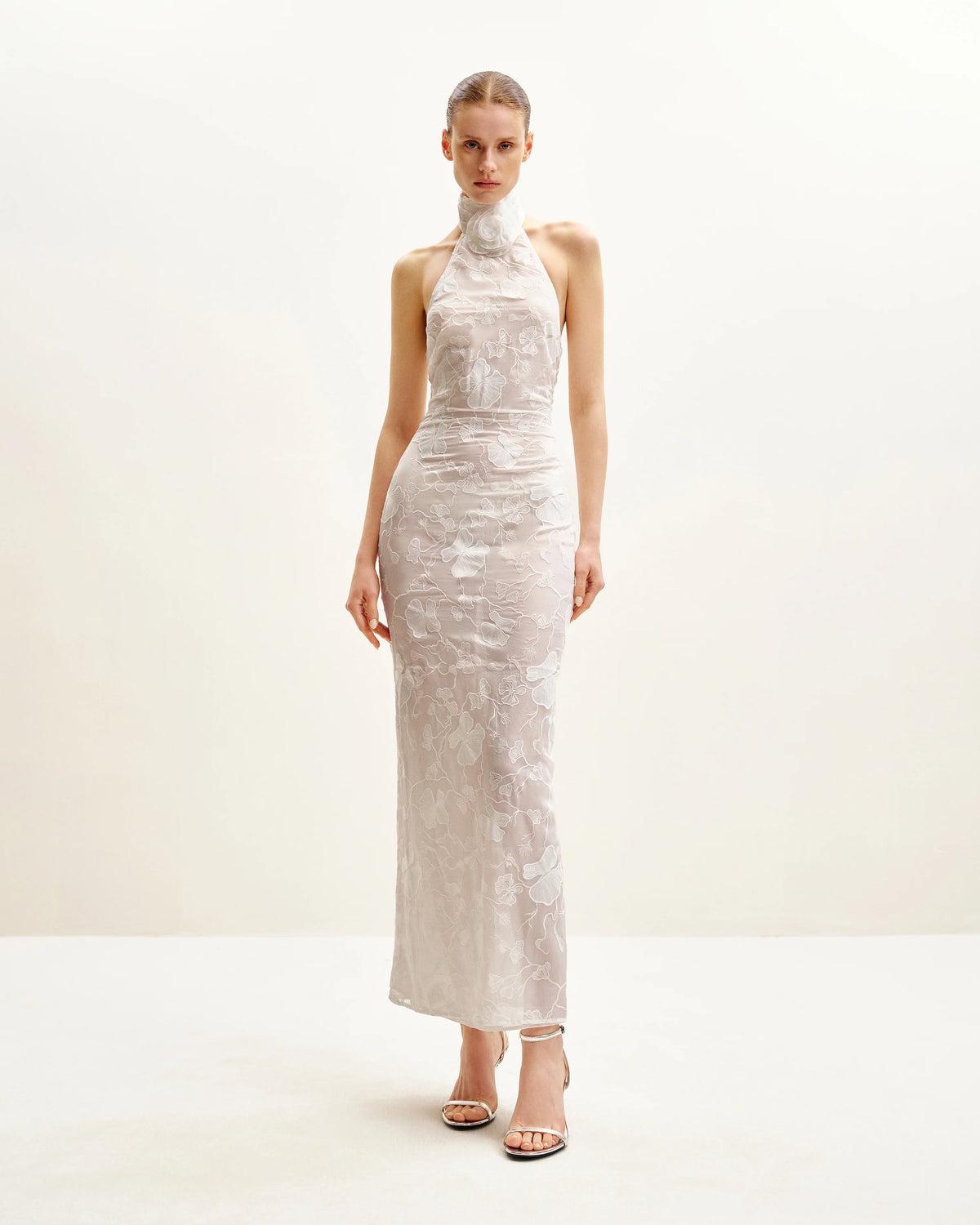 Uliana White Floral Lace Halterneck Maxi Dress - White