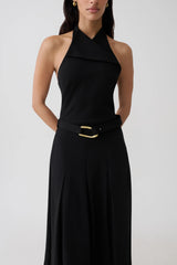 Alecto Crepe Halter Midi Dress With Belt - Black
