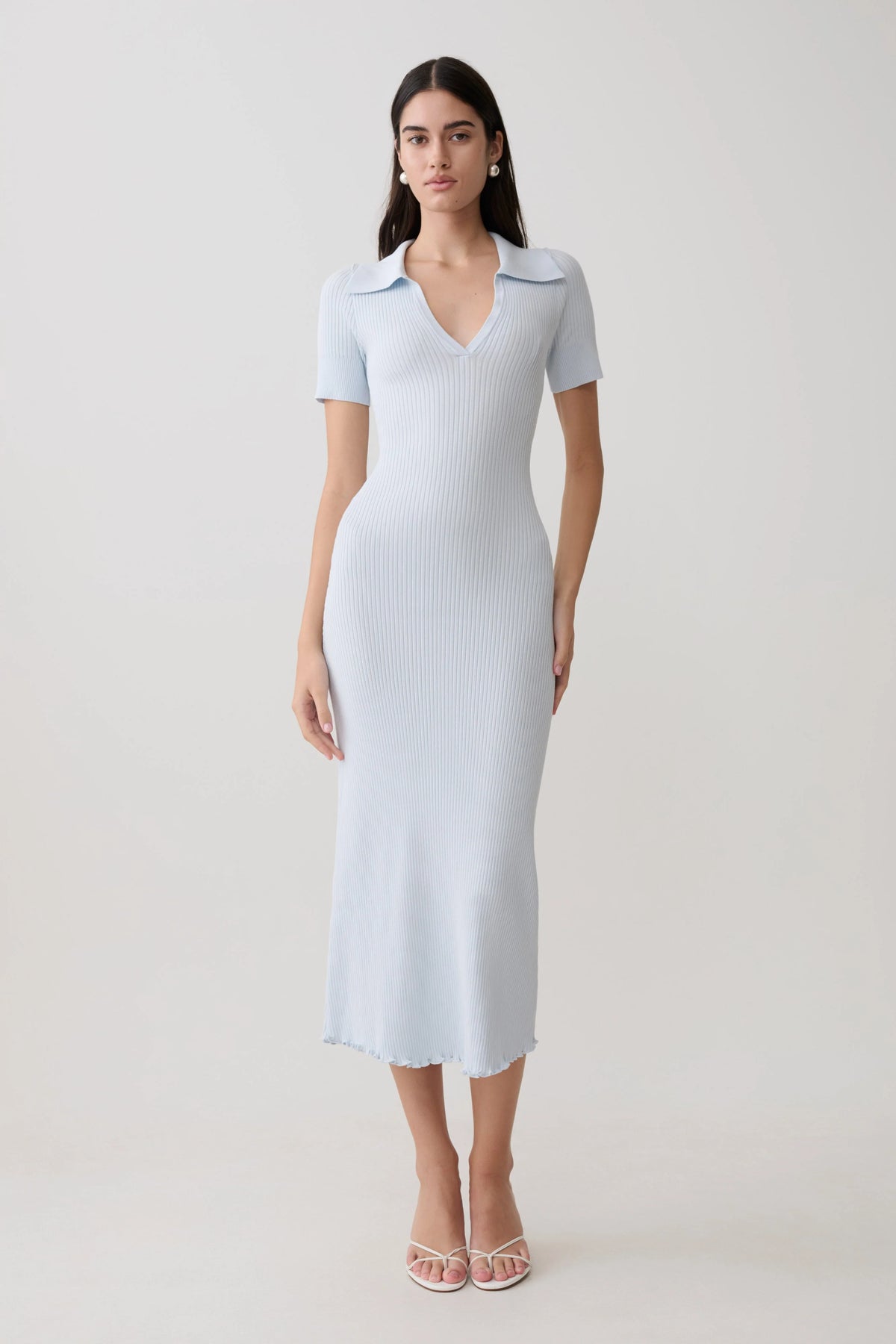 Nichelle Short Sleeve Collared Knit Midi Dress - Light Blue
