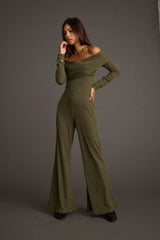 Greenwich Olive Knit Off The Shoulder Jumpsuit