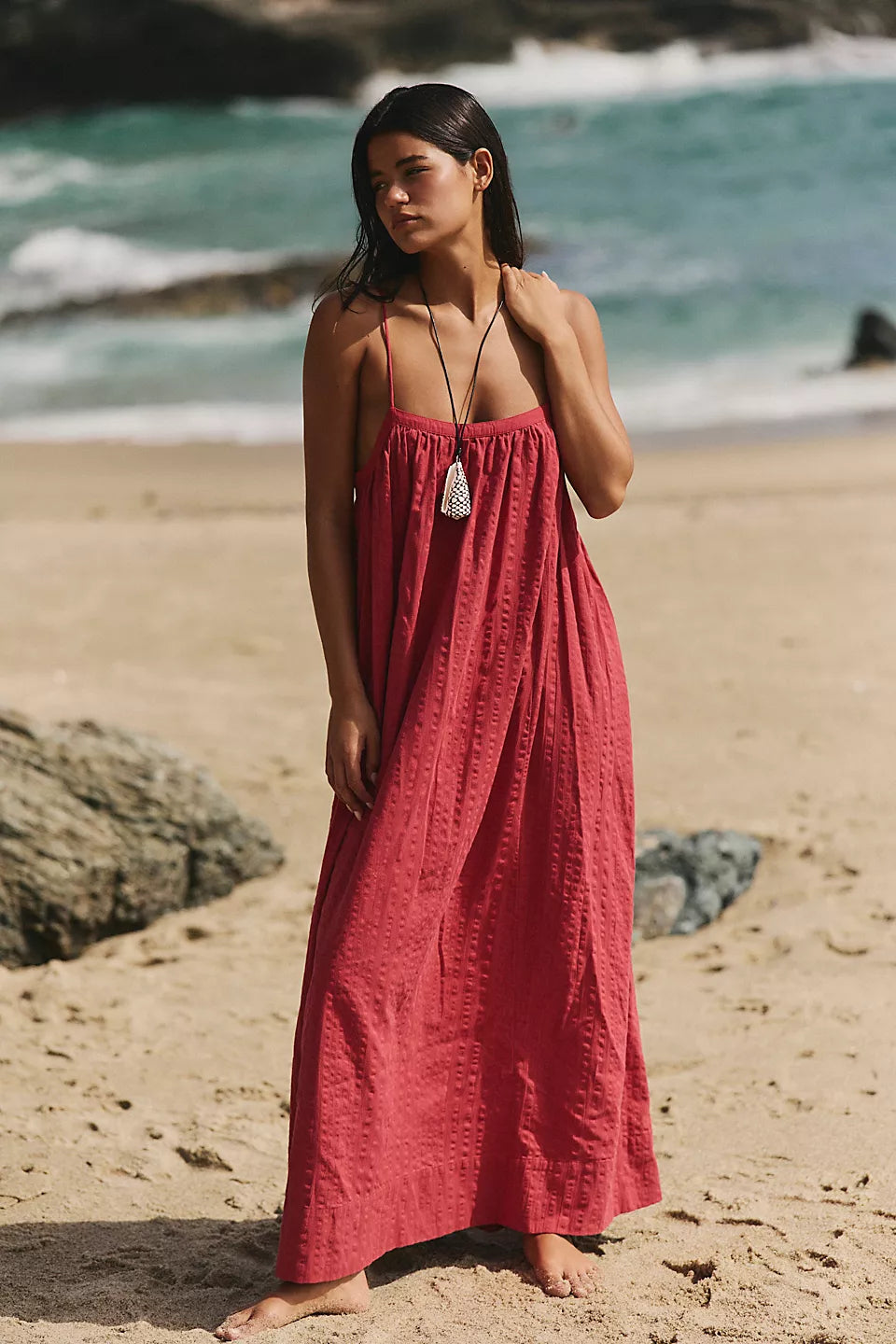 Marisol Textured Cotton Maxi Dress-Deep Cherry