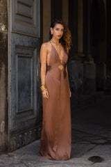 Roma Cocoa Striped Cutout Maxi Dress