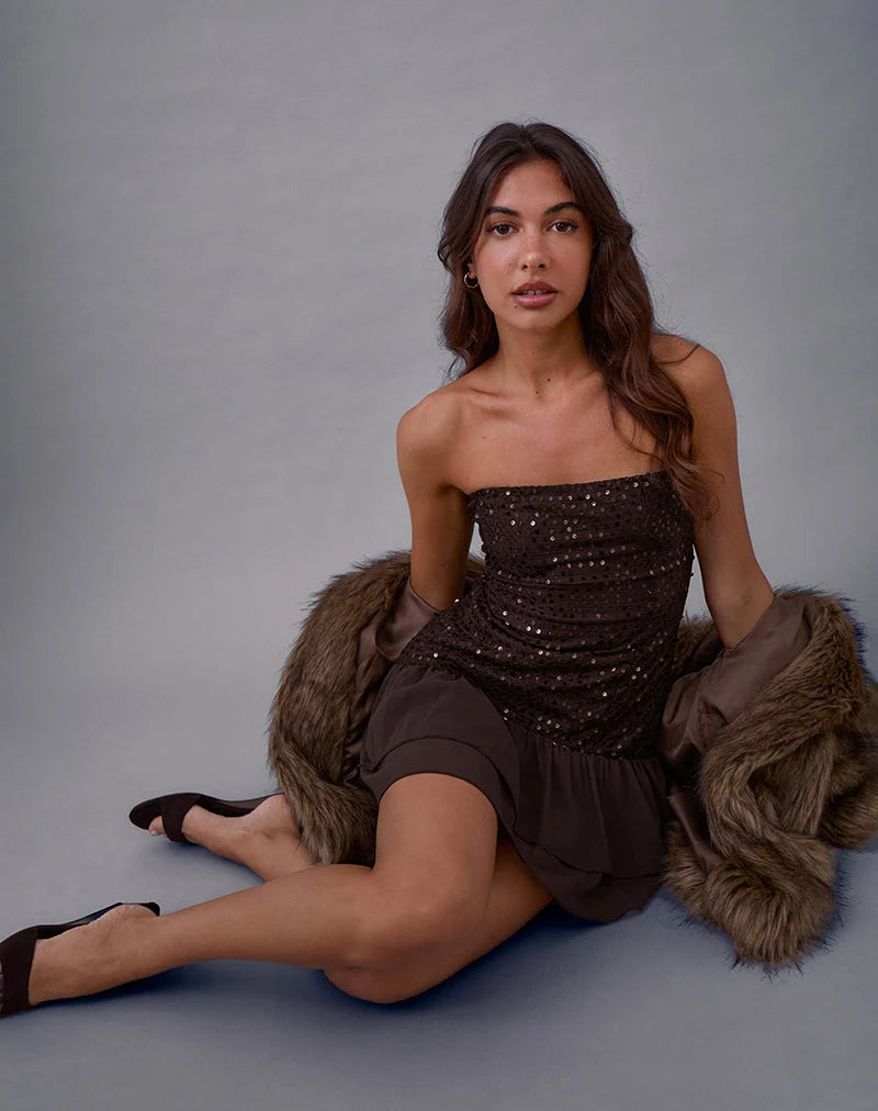Tinosa Corset Dress in Ruffle Sequin Brown