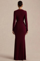 Command | Burgundy Plunge-Neck Maxi Dress With Front-High Split