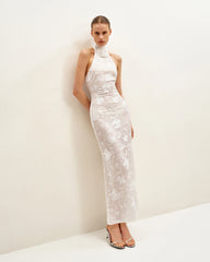 Uliana White Floral Lace Halterneck Maxi Dress - White