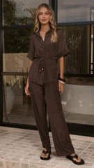 Velice Tie Top and Pants Set - Brown