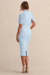 Aderyn | Light Blue High-Neck Maternity Midi Dress With Sheer Cape Sleeves