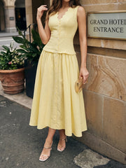 Button Front Sleeveless Cotton Linen Midi Dress