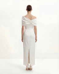 Satin Asymmetric Bow Maxi Dress - White