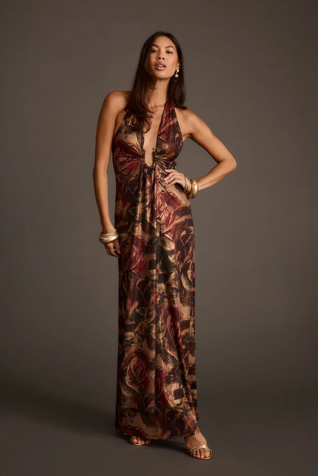 Alondra Dark Floral Plunge Maxi Dress