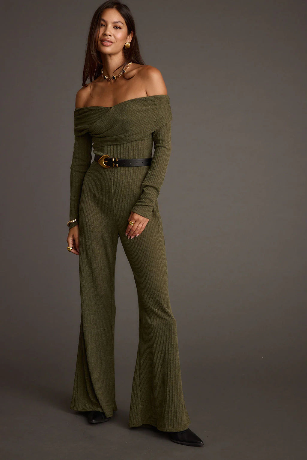Greenwich Olive Knit Off The Shoulder Jumpsuit