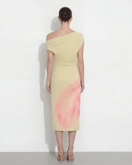 Watercolor Floral Print One-Shoulder Asymmetric Midi Dress - Yellow