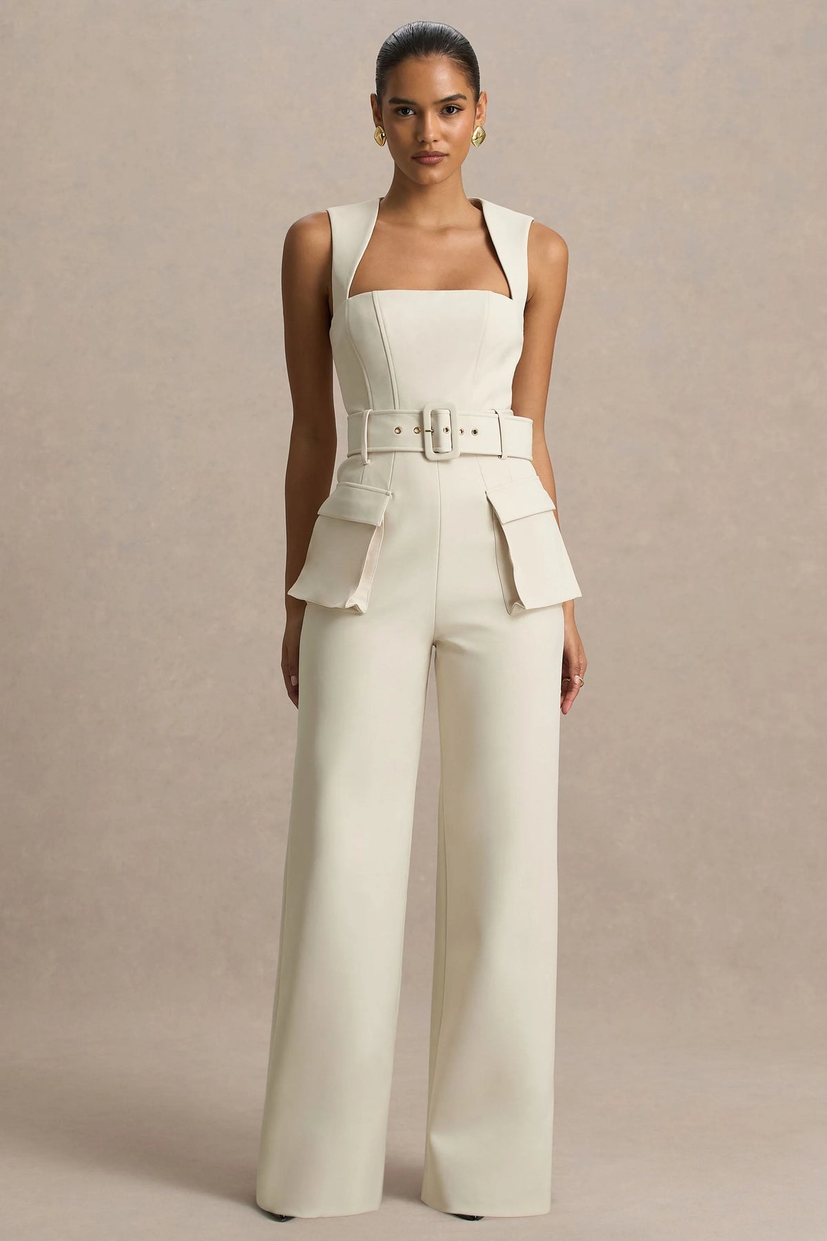 Solice | Cream Square-Neck Tailored Jumpsuit